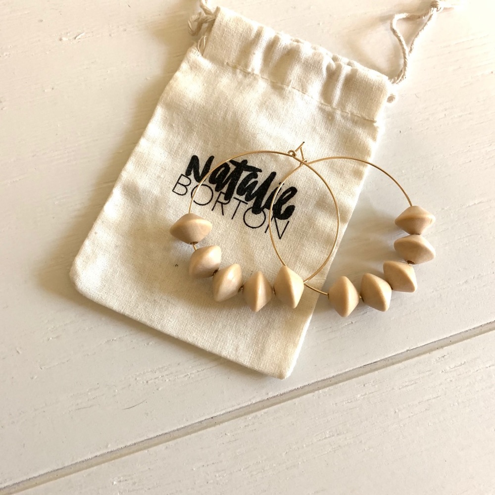 Natalie Borton Gold Hoop Earrings with Cream Beads